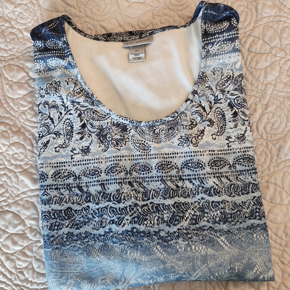 Catherines 3X Blue White Paisley Print Eyelet / Lace Scoop Neck Top Women Plus